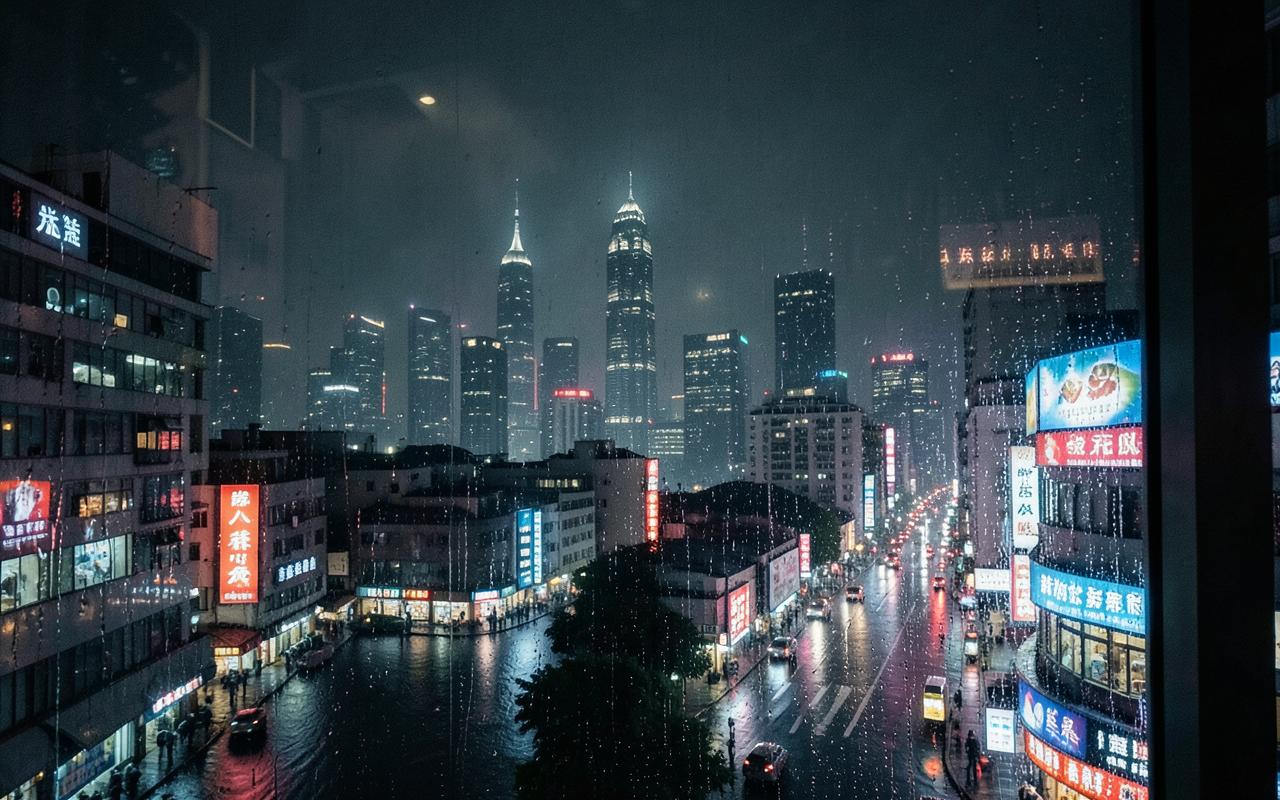 Shanghai skyline and neon-lit streets on a rainy night